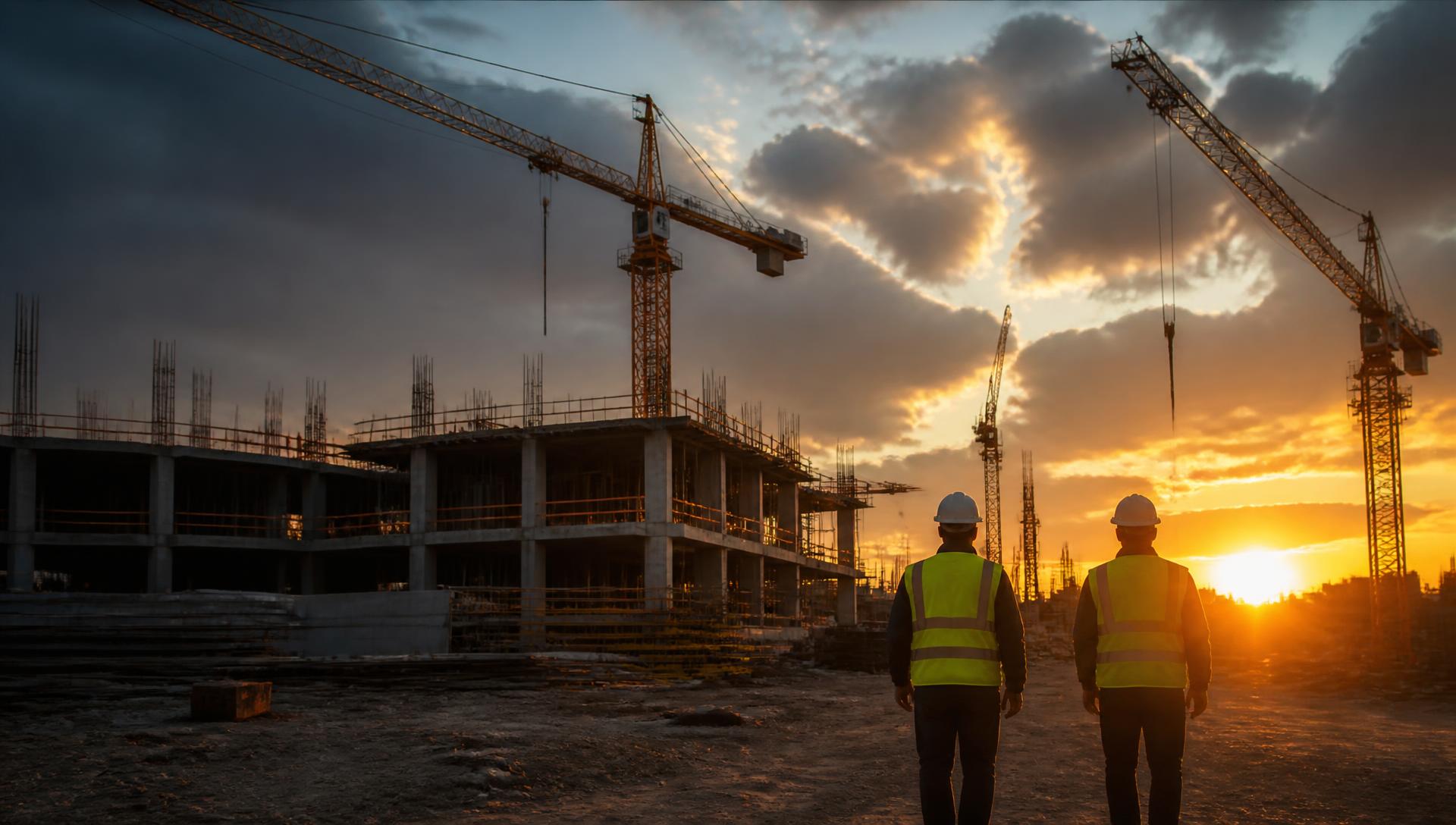 Baustelle mit Kränen und Bauarbeitern im Abendlicht